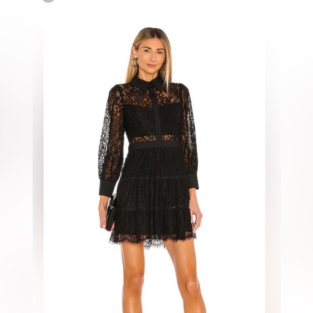 Alice + Olivia Black Sheer Lace Tiered Mini Dress